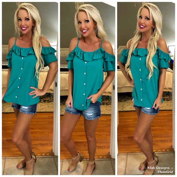 Tops - 💕LAST 2! Teal Ruffled Woven Open Shoulder Blouse